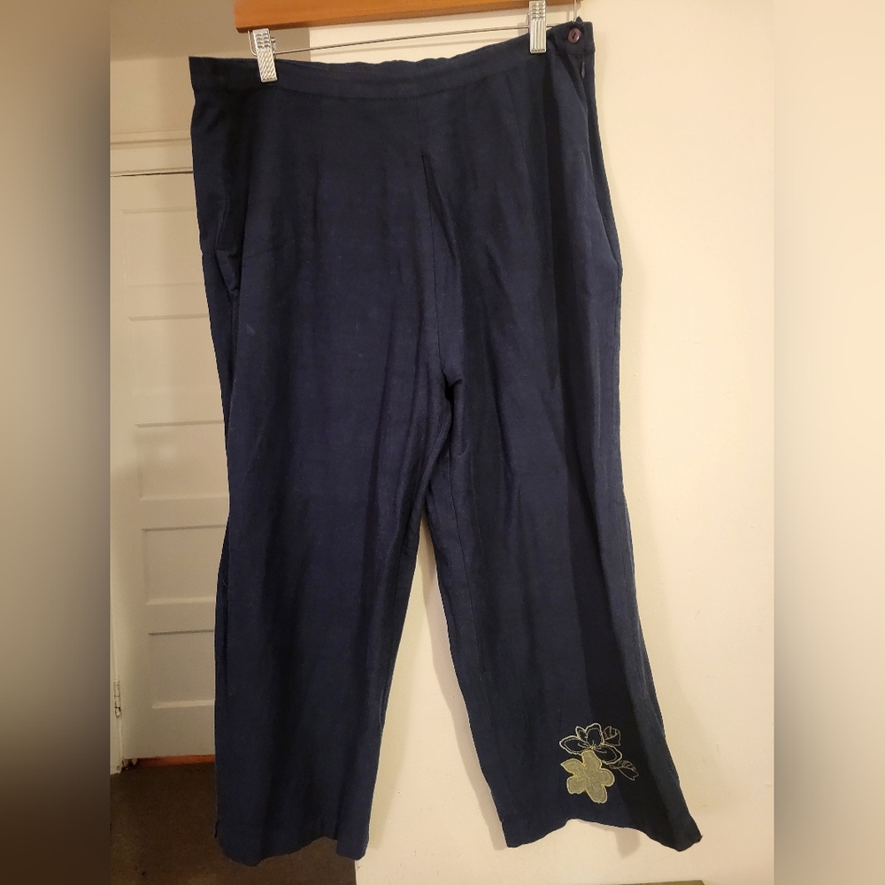 Kaktus Linen Rayo Blue Embroidery Detail Sz Xl  Above Ankle Capri Pants